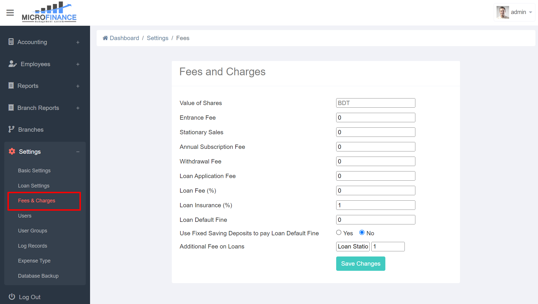 Fees & Charges Settings